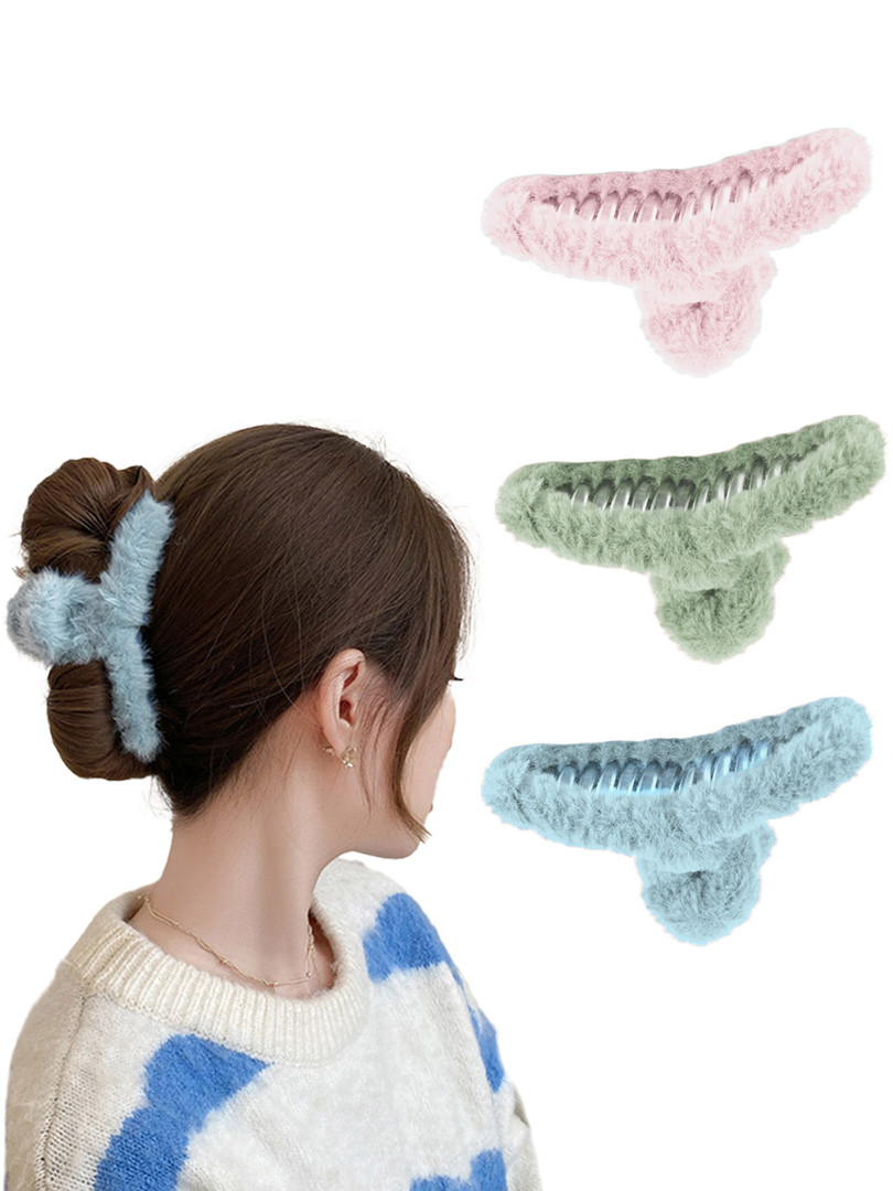 MAJESTIQUE Majestique Set of 3 Multicolor Soft Faux Fleece Fur Large Hair Clutcher Hair Claw Clips